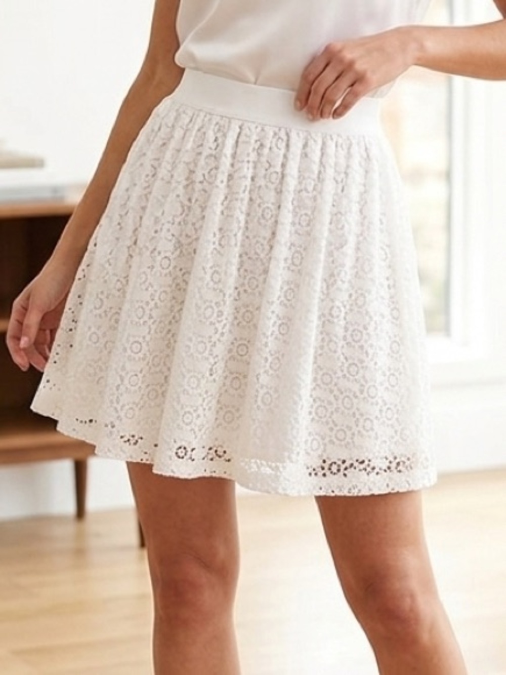 Chaps Cream Eyelet Lace Skater Skirt, Lined, Elastic Waist, Women’s Size Large